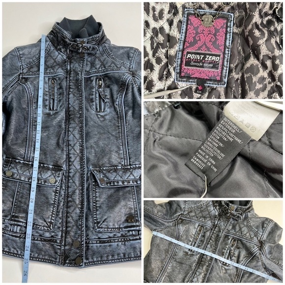 POINT ZERO Blue Acid Washed Vegan Leather Quilted Moto Style Collar Jacket Coat - Picture 15 of 15